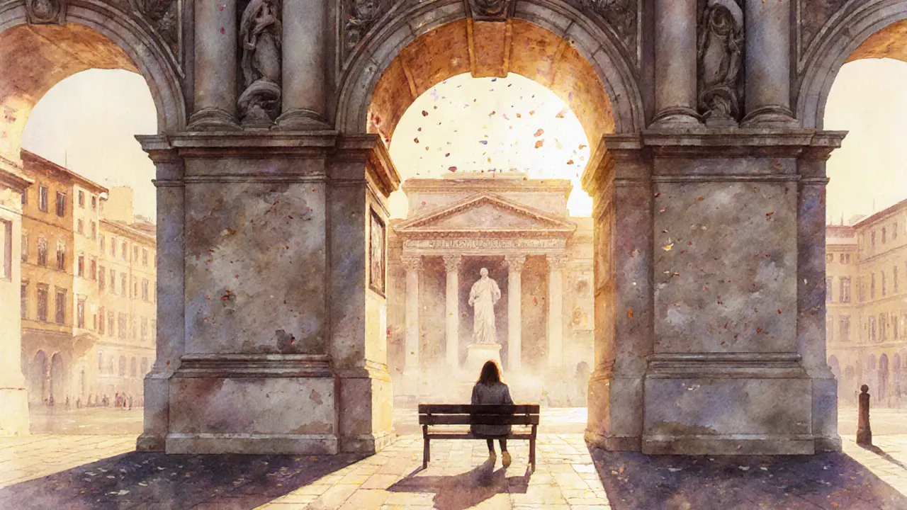 Golden hour in Parco Sempione, figure on bench beneath Arco della Pace with faint Pietà silhouette.