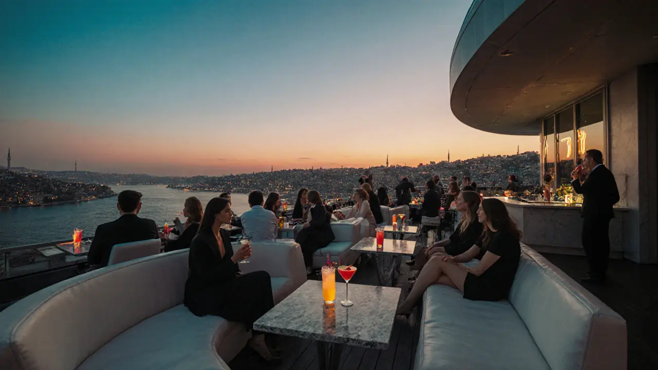 Guests enjoying cocktails at Zuma rooftop bar with Istanbul skyline glowing at sunset.