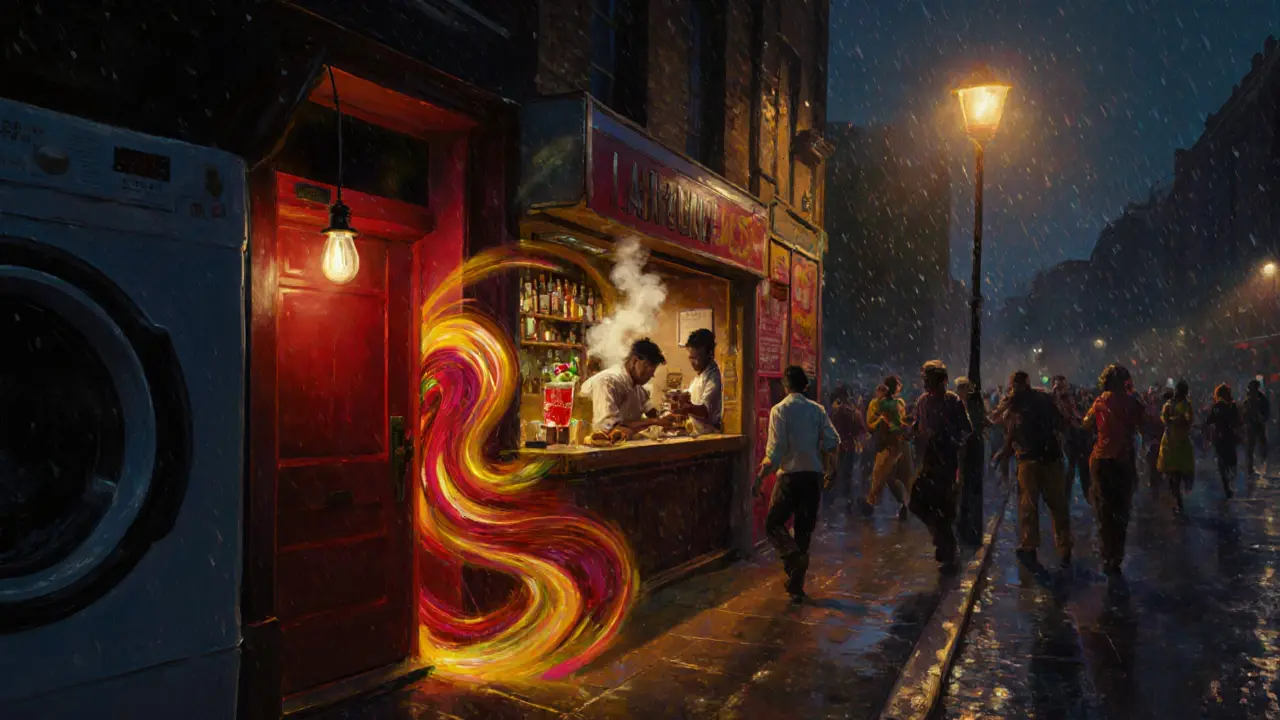 Hidden red door in Dalston leading to a vibrant, intimate bar with dancing patrons.