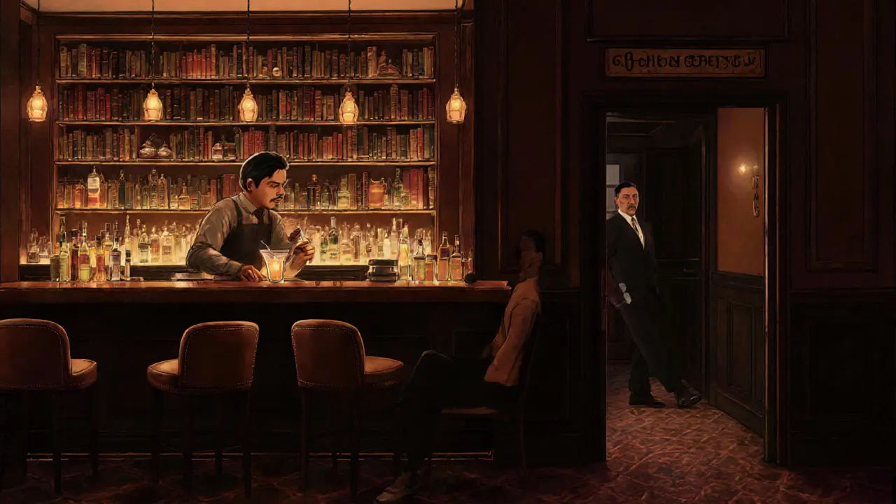 Hidden speakeasy lounge behind a bookshelf with vintage decor and warm lighting.