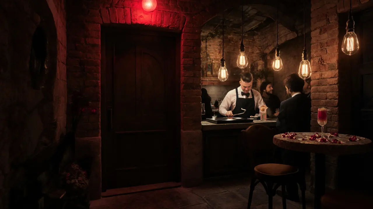 Hidden speakeasy with red entrance light, warm Edison bulbs, and guests conversing over artisanal cocktails.