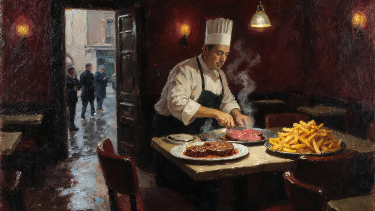 Inside a late-night Paris steakhouse, a chef slices steak beside a pile of fries, warm light glowing on plates and shadowed patrons.