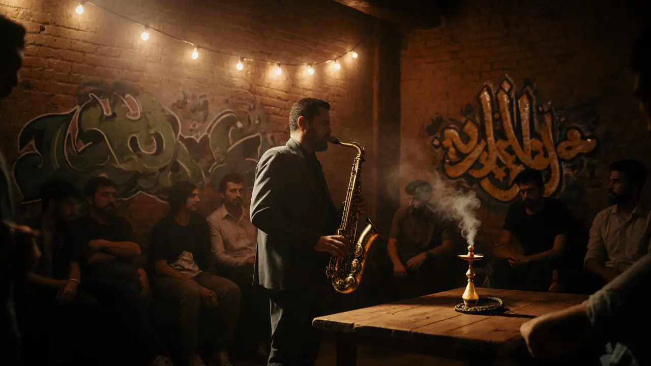 Jazz musician performing in hidden Alserkal Avenue venue under fairy lights with shisha smoke.