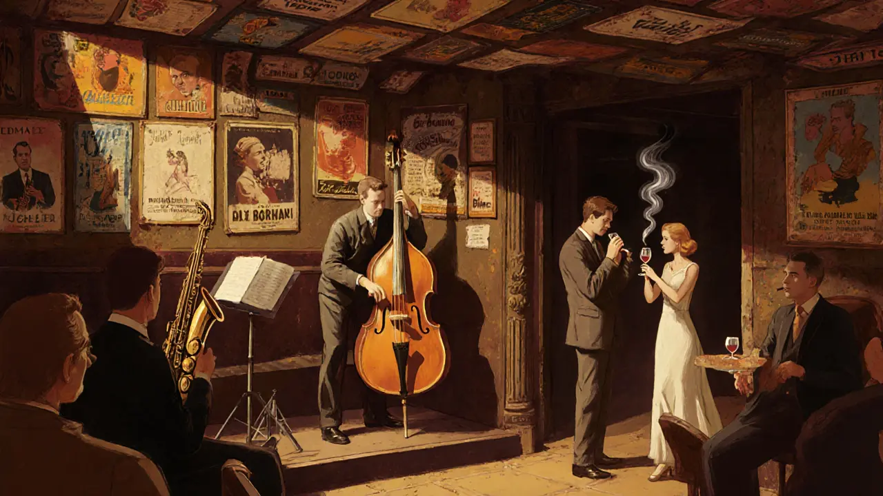 Jazz trio playing in a cozy, poster-covered cellar with patrons dancing softly.