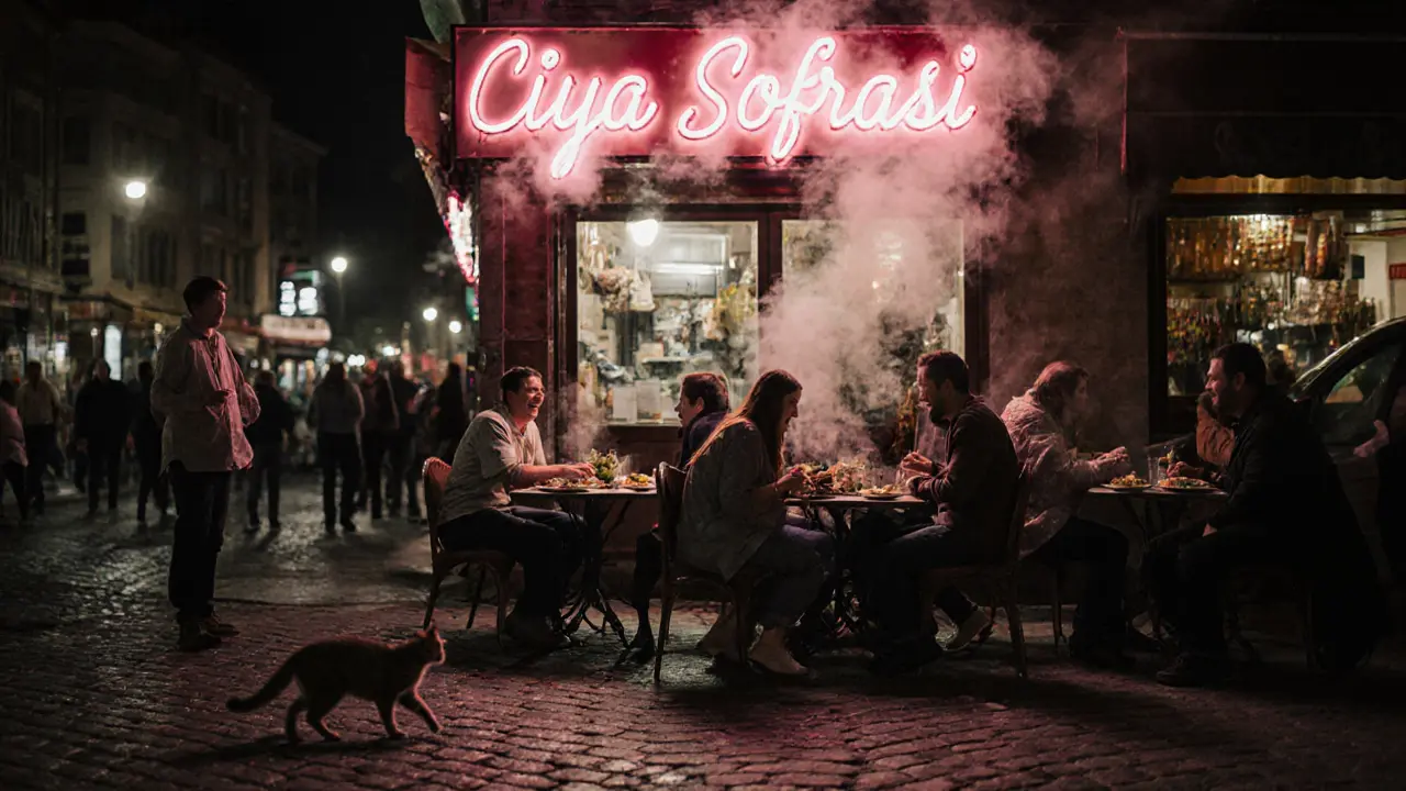 Late-night eatery in Kadıköy with patrons sharing food, steam rising from plates under soft neon glow.