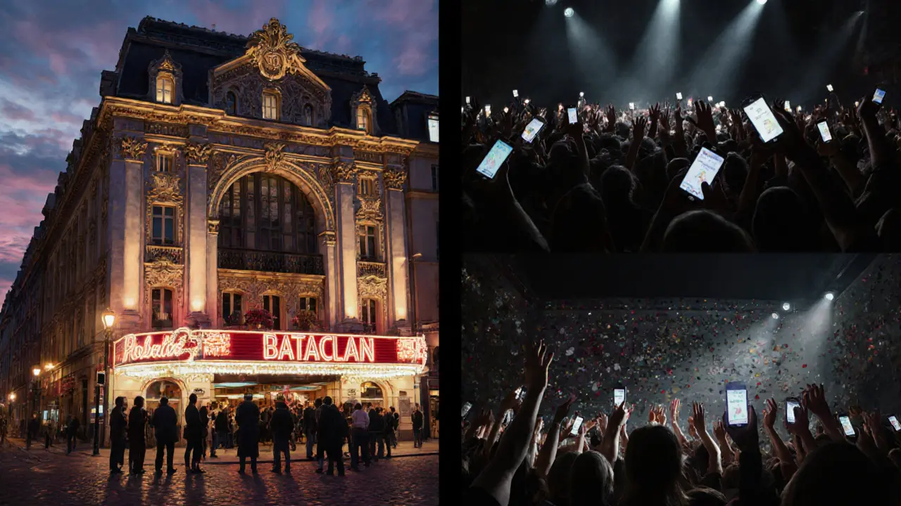 Le Bataclan theater at night with illuminated crowd and memorial wall outside.