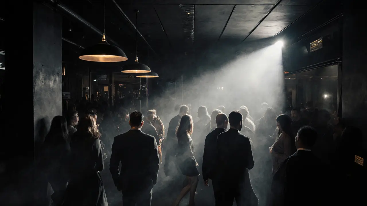 Minimalist Armani/Privé club with a crowd dancing under soft lights and a powerful sound system.
