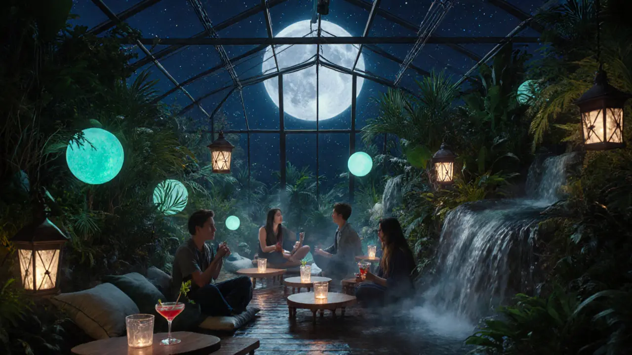Moonlit greenhouse bar with bioluminescent lights and tropical plants, people meditating in calm.