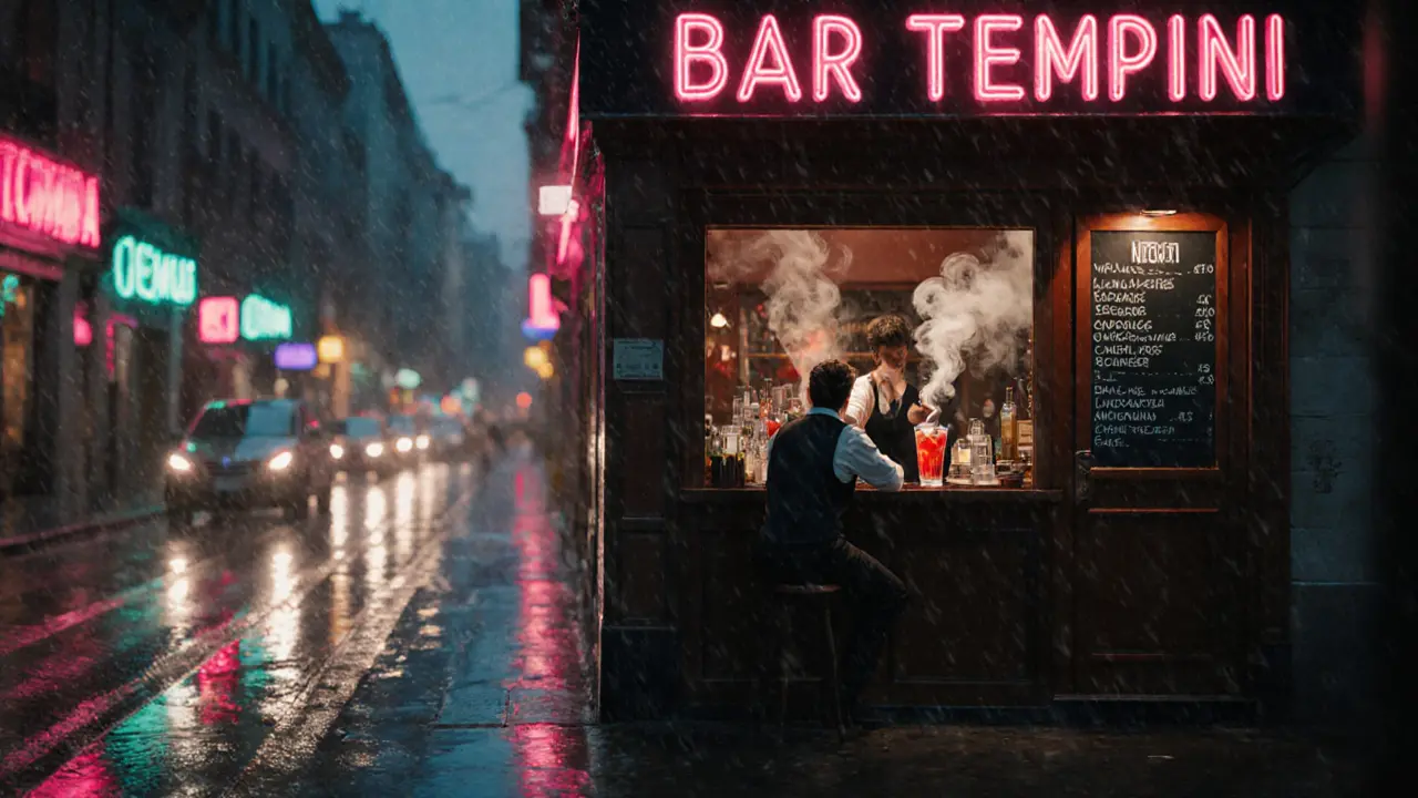 Neon-lit Soho street with a tiny bar serving a Negroni to a lone patron.