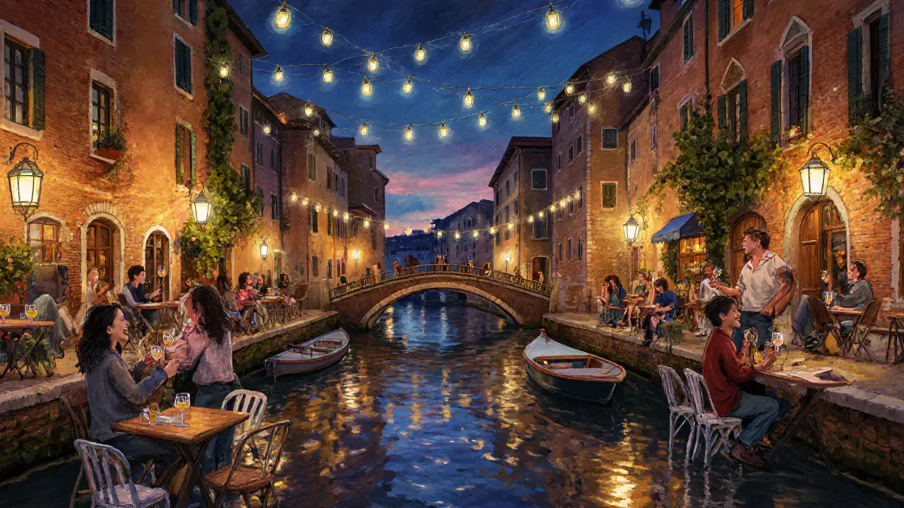 Nighttime canal side bars in Navigli with lanterns, boats, and people laughing outdoors.