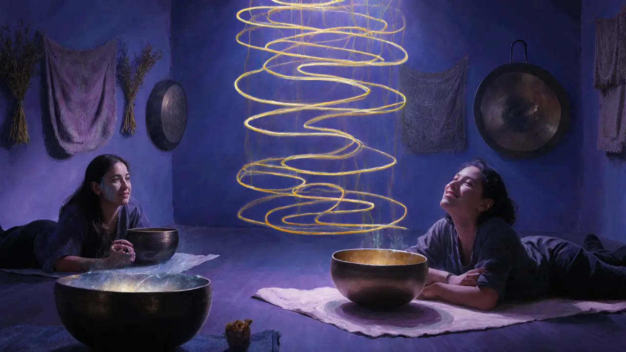 People lie peacefully in a dark room as golden sound waves ripple from crystal bowls.