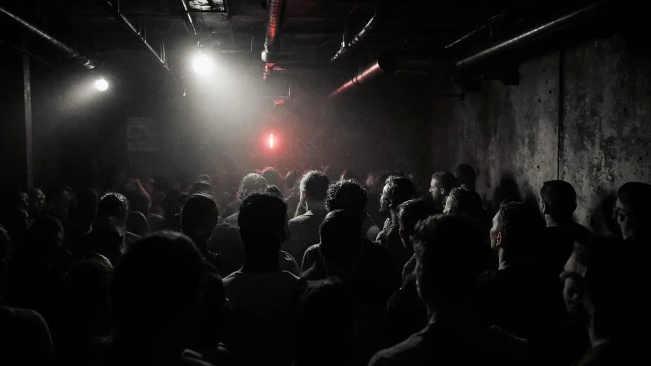 People lost in a raw techno rave at Kasa club, bare bulbs and concrete walls in dim industrial light.
