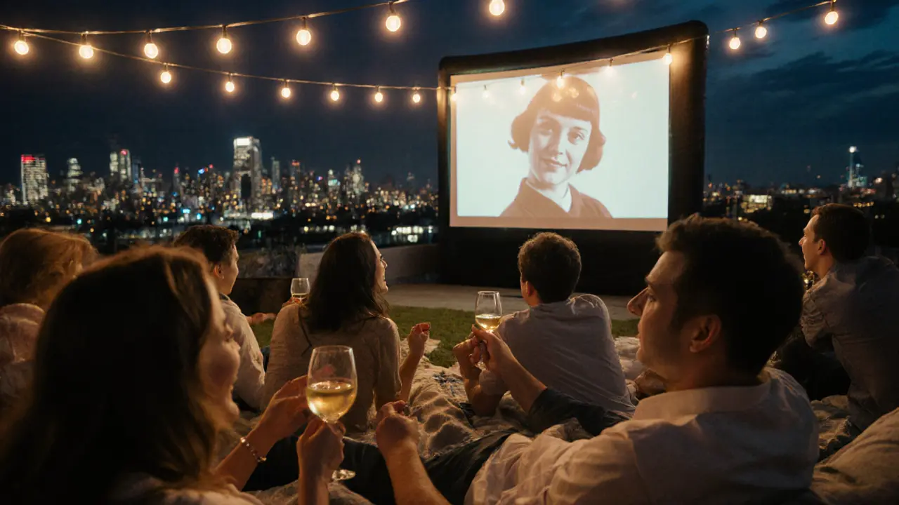 People lying on blankets on a rooftop watching a film under London&#039;s skyline with string lights and wine glasses.