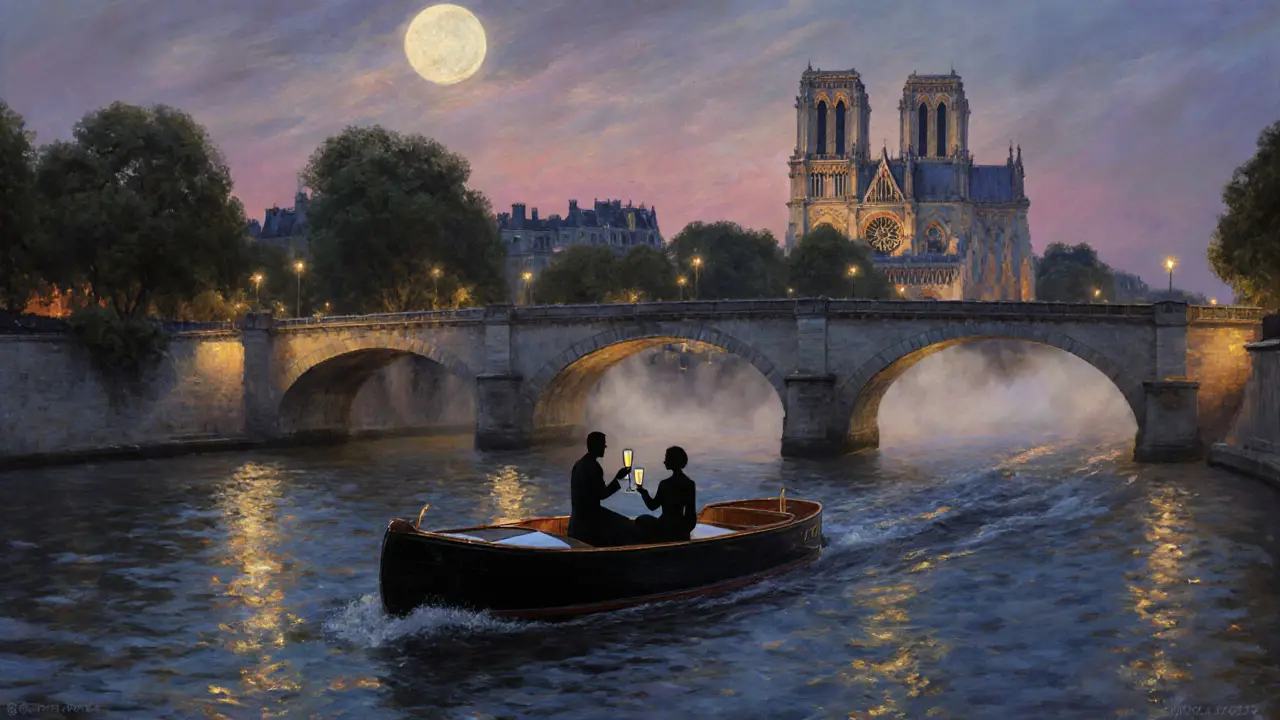 Private boat gliding under a bridge at dusk with Paris landmarks in the distance.