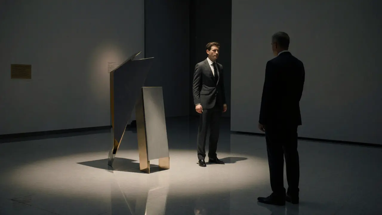 Private museum tour at Triennale Design Museum with a person listening to a companion beside a modern sculpture.