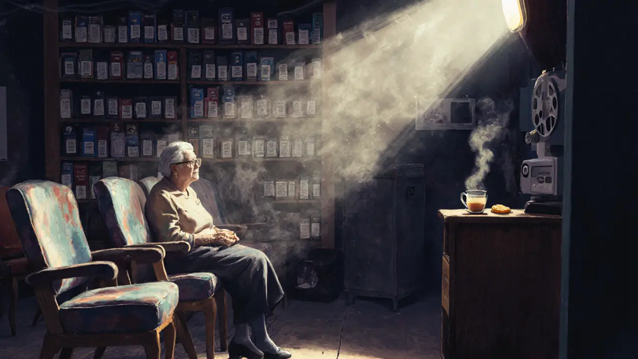 Quiet basement cinema with elderly viewer watching a 16mm film, shelves of film reels, and a cup of tea on a table.