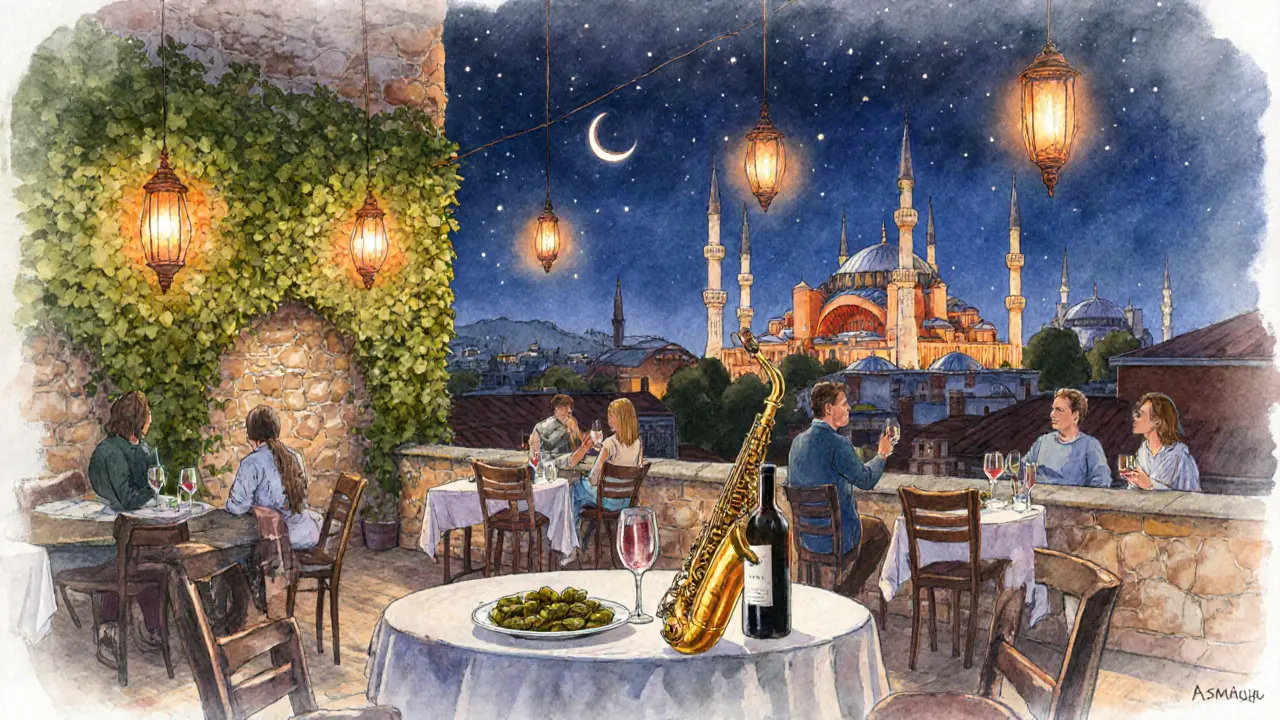 Quiet rooftop lounge with lanterns and ivy, overlooking Istanbul&#039;s skyline at night, wine and food on table.