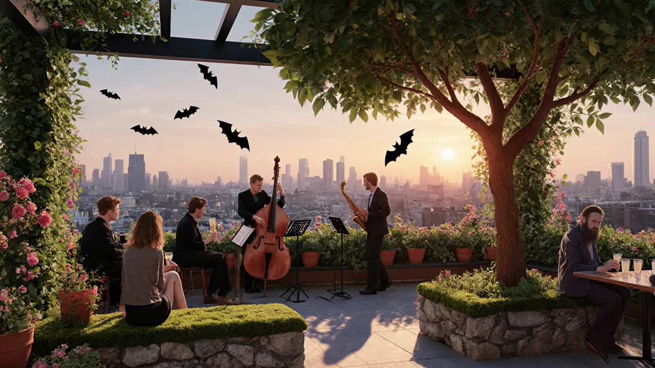 Rooftop bar hidden in ivy and trees, guests sipping herbal drinks as bats fly at twilight.