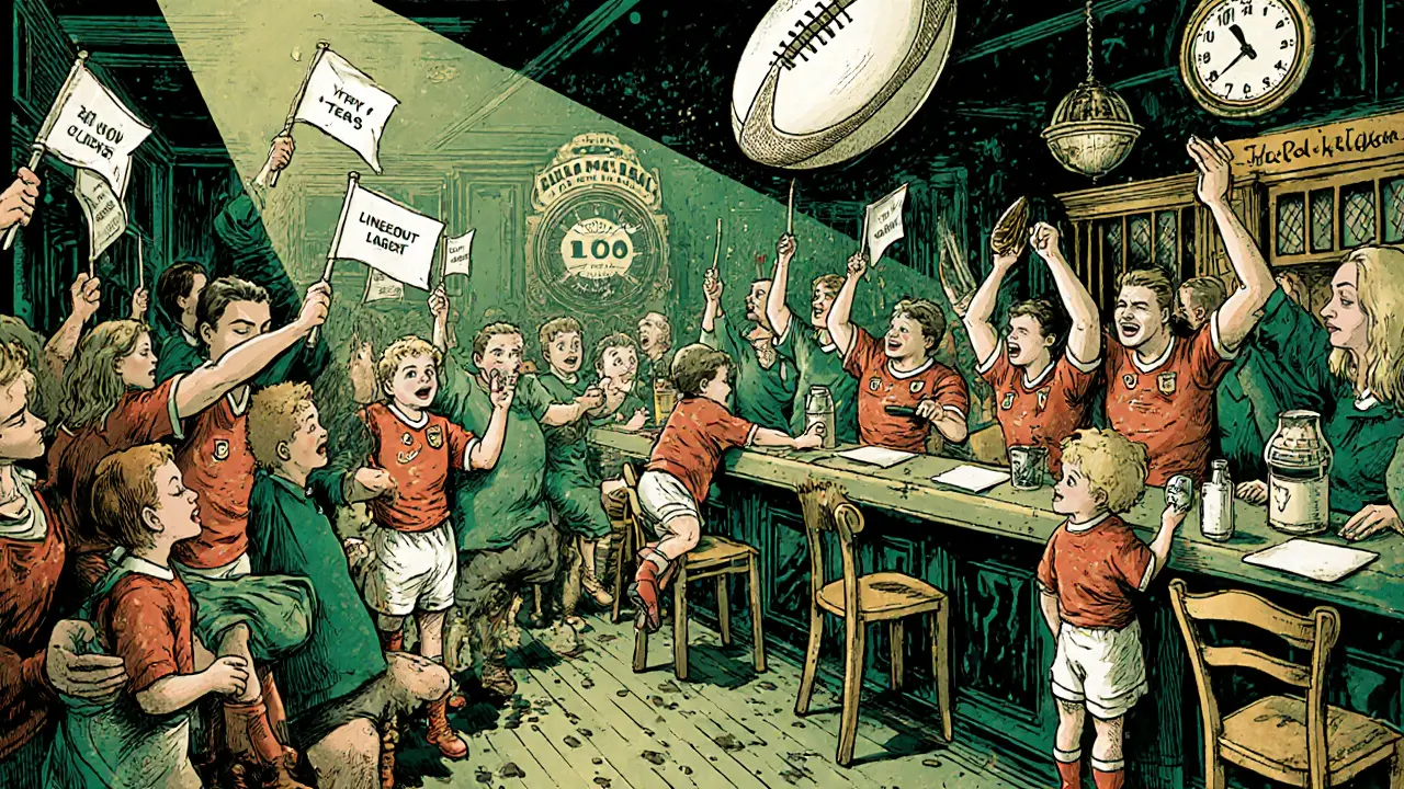 Rugby fans in vibrant jerseys celebrating during a Six Nations match, bar with special drinks and countdown clock.