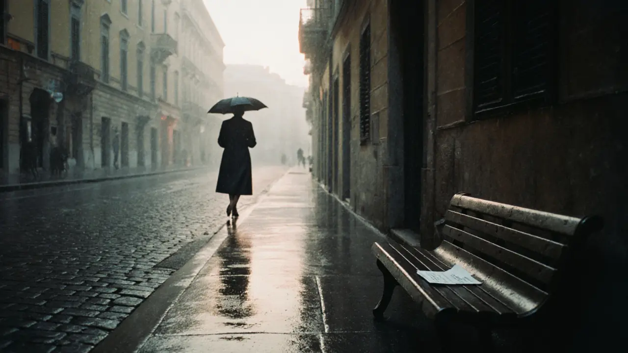 Silhouetted woman walking away in Brera at dawn, rain-slicked street and an umbrella left on a bench.
