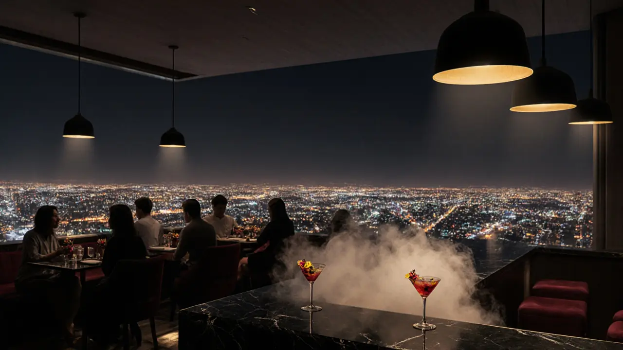 Sophisticated rooftop bar Level 43 with cocktails and sparkling Dubai skyline view.