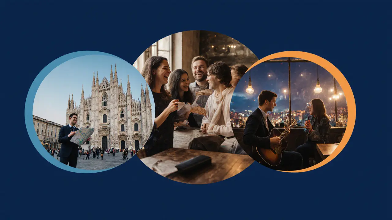 Three alternatives to escort services in Milan: a tour guide, a language meetup, and a bar conversation at twilight.