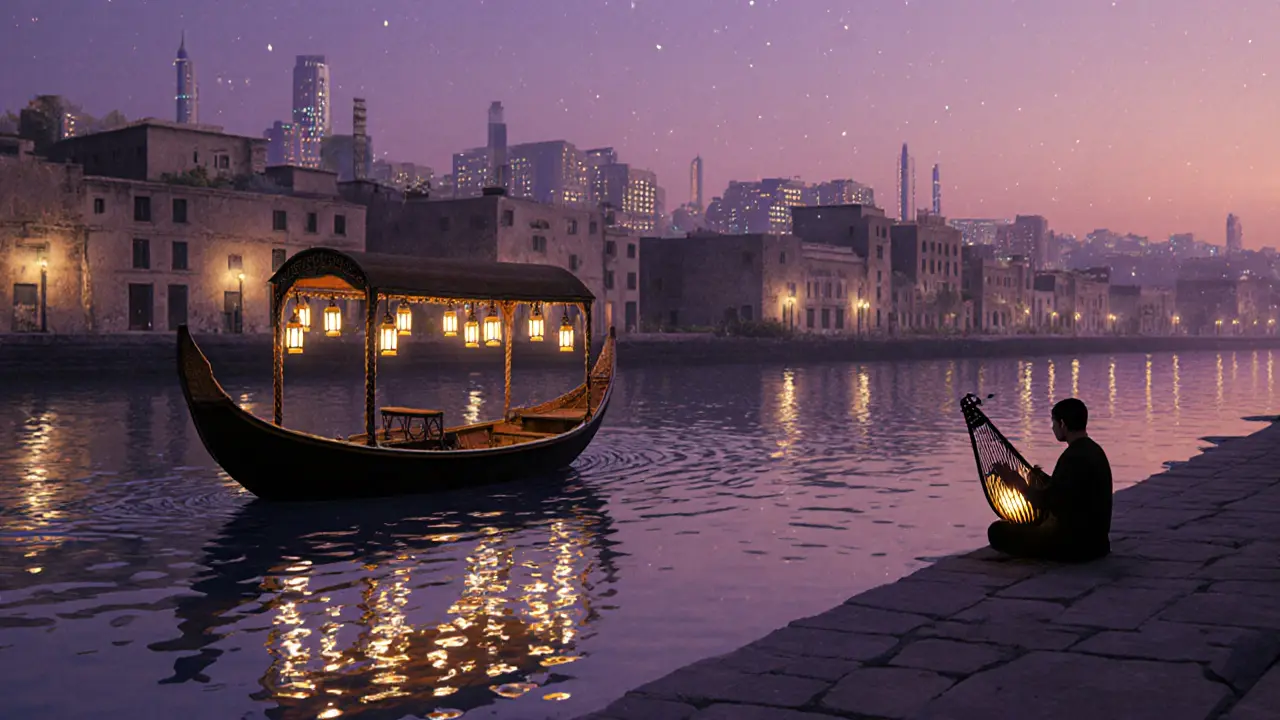 Traditional dhoni boat drifting on calm creek under lantern light at sunset.