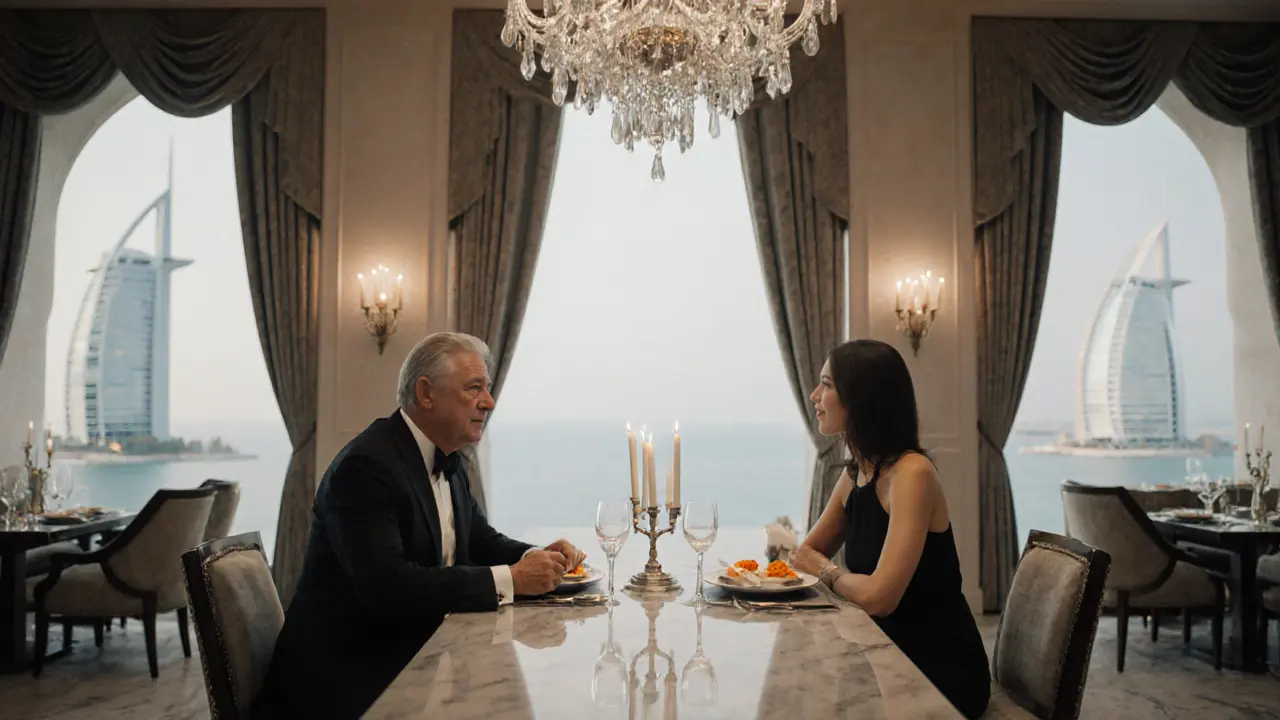 Two individuals share a refined dinner at Burj Al Arab, engaged in quiet conversation under crystal chandeliers.