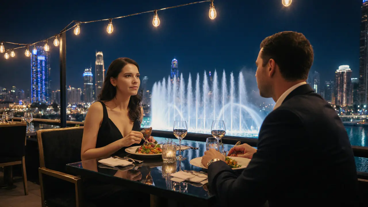 Two people enjoying a quiet rooftop dinner overlooking the Dubai Fountain with soft lighting.