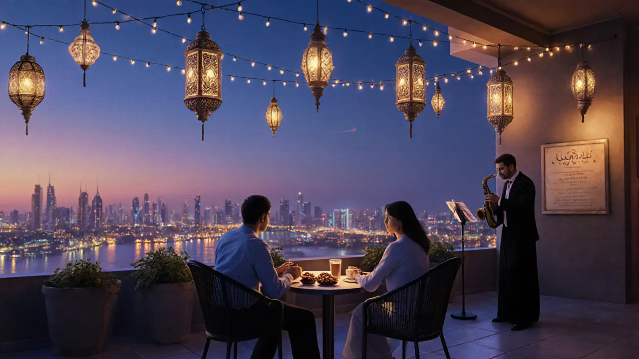 Two people enjoying coffee on a rooftop lounge under lanterns with city lights twinkling below.