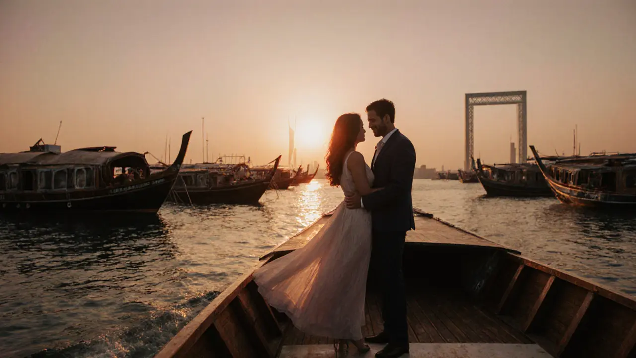 Two people on a sunset dhow cruise along Dubai Creek, sharing a quiet moment as the city lights begin to twinkle.