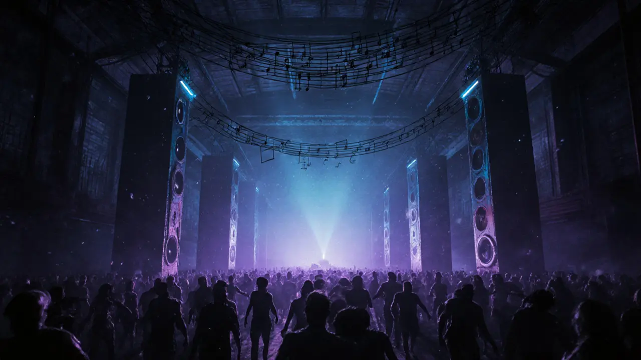 Underground electro club with pulsing lights and a crowd moving as one in darkness.