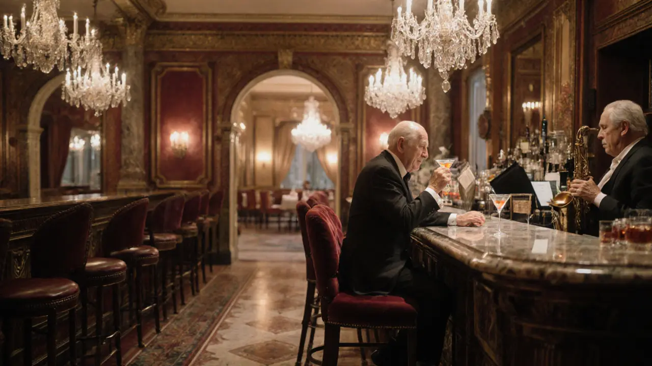 Vintage casino bar with crystal chandeliers and a pianist playing jazz, patrons sipping martinis in velvet booths.