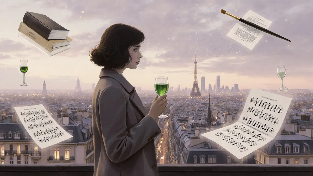 Woman on a rooftop terrace overlooking Paris, surrounded by symbols of culture and connection.