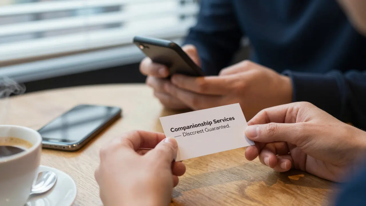 A business card and coffee cup sit on a café table, hinting at a discreet companionship arrangement.