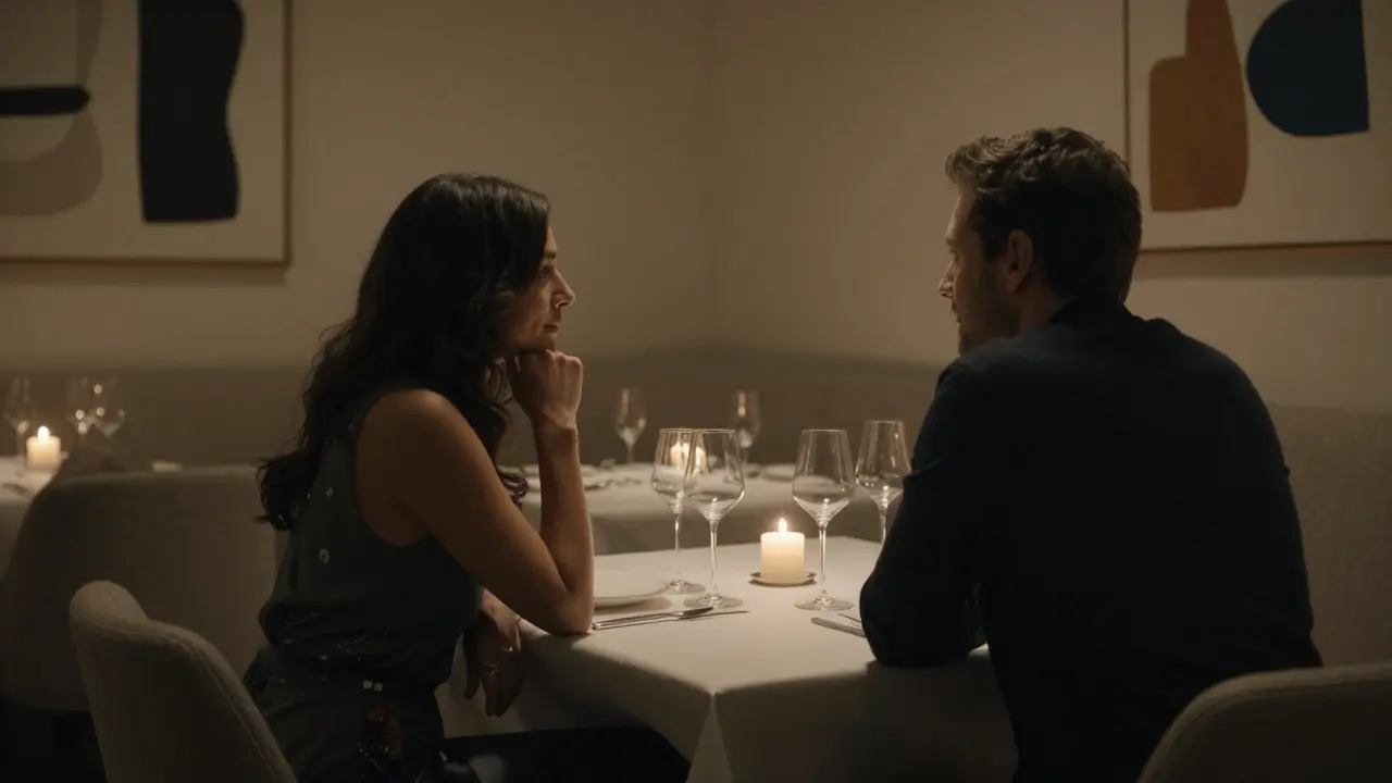 A couple dines in private at a luxury Berlin restaurant, engaged in thoughtful conversation under soft candlelight.