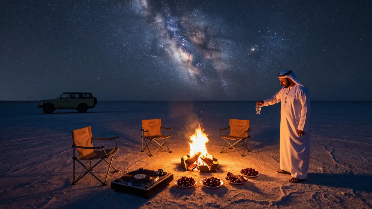 A desert afterparty under the Milky Way with a campfire, turntable, and people sharing food under the stars.