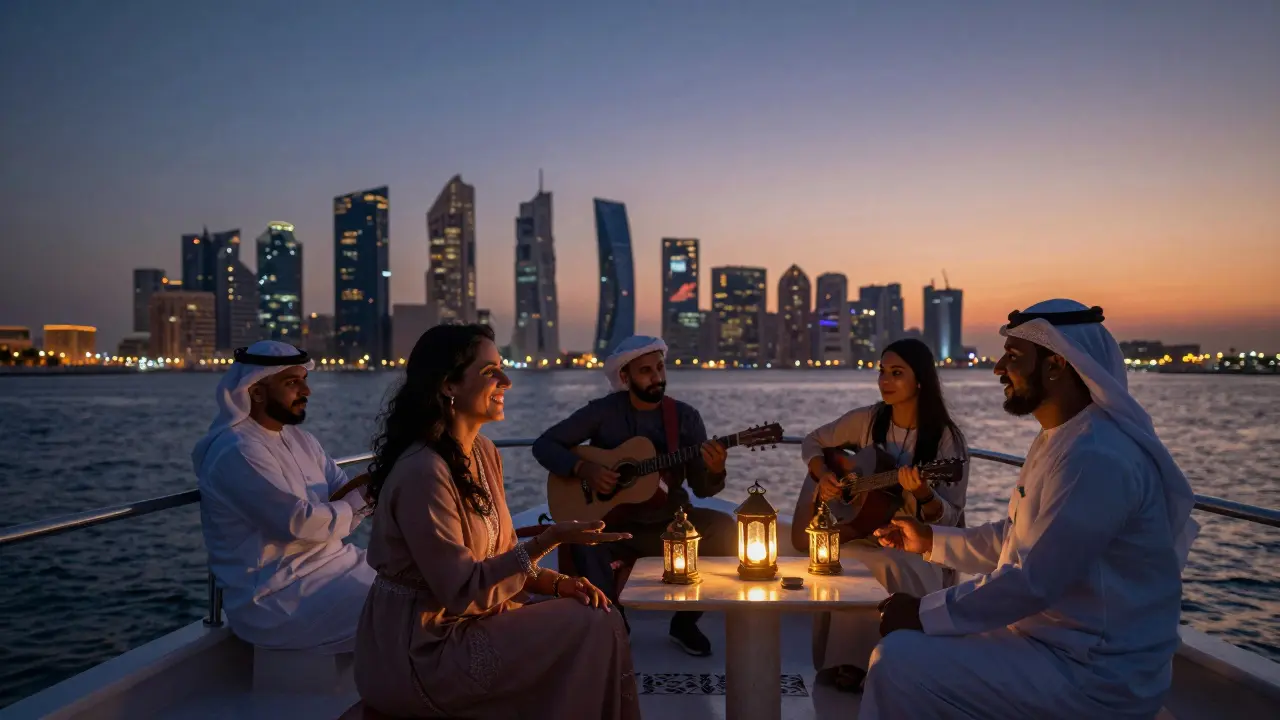 A group enjoying a sunset dhow cruise in Abu Dhabi, with music and lanterns creating a peaceful, respectful atmosphere.