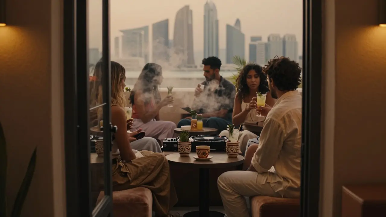 A hidden rooftop lounge with rosewater mist and vinyl records, blurred city skyline in background.