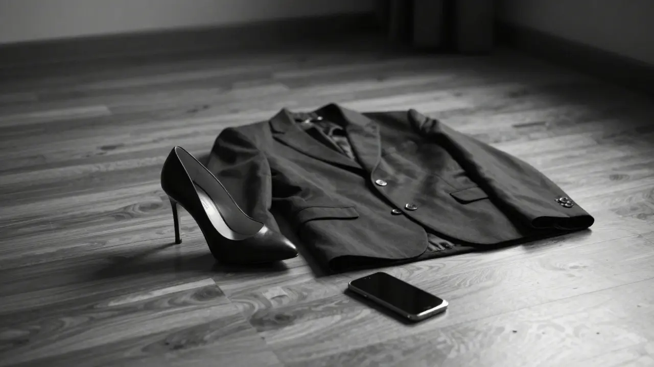 A high-heeled shoe and suit jacket laid out neatly on a wooden floor, symbolizing discretion and quiet departure.