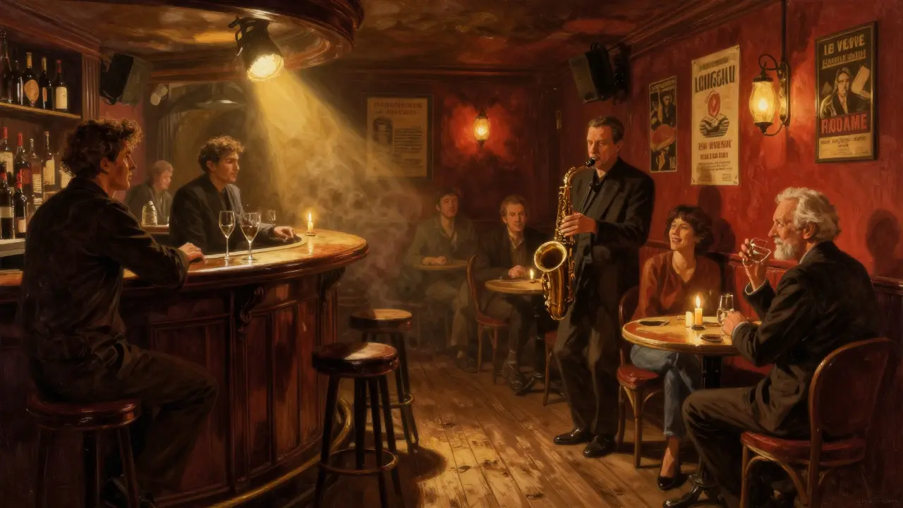 A jazz musician playing saxophone in a dim, smoky Parisian lounge with patrons listening intently.