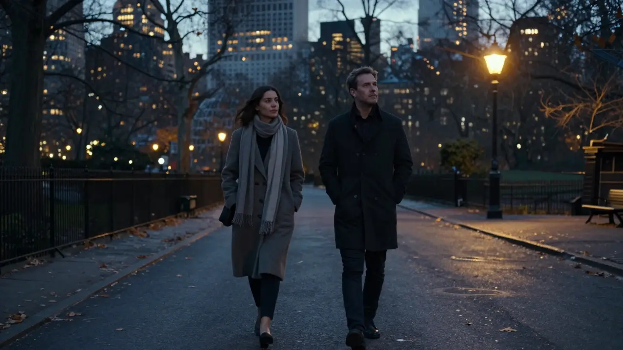 A man and woman walk side by side through Hyde Park at dusk, sharing peaceful presence.