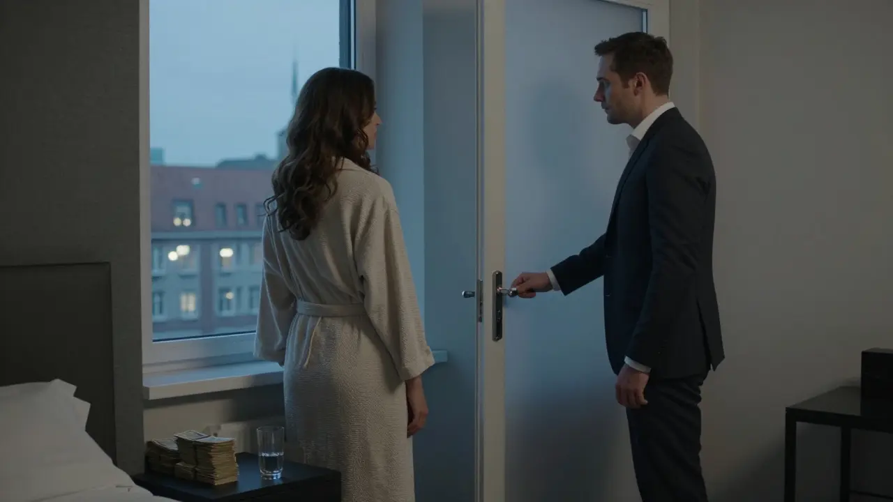 A man leaving a Berlin hotel room quietly, with cash neatly placed on the nightstand.