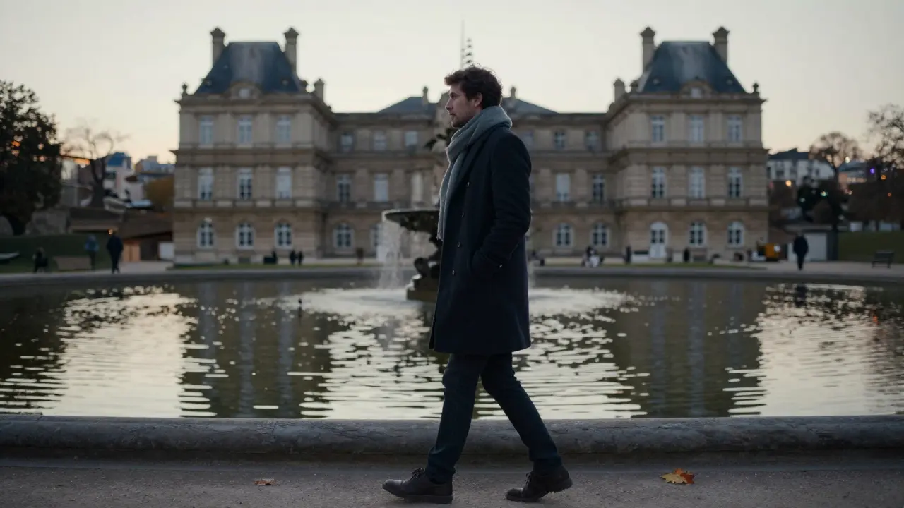 A man walks alone through Luxembourg Gardens at dusk, leaving with dignity and quiet reflection.