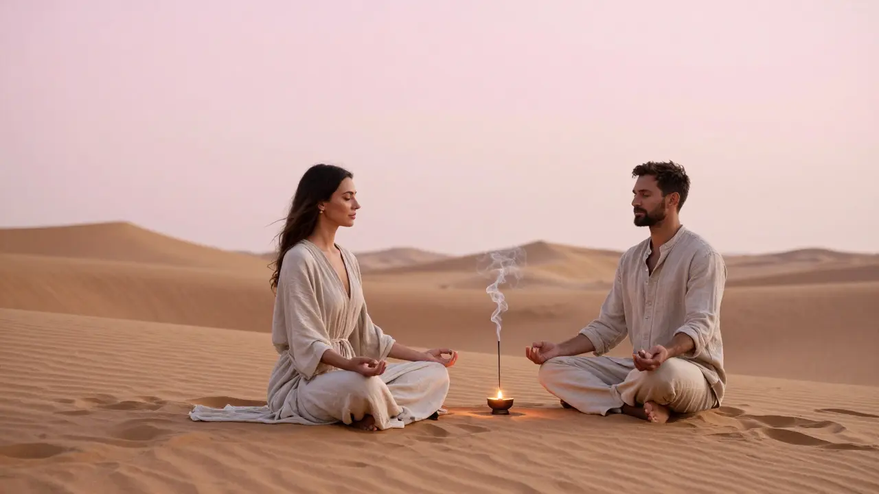 A peaceful desert spa retreat at dawn with two people meditating among golden dunes.