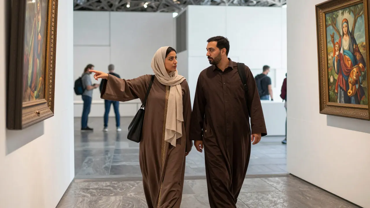 A professional companion and client viewing art together inside the Louvre Abu Dhabi, surrounded by cultural exhibits.