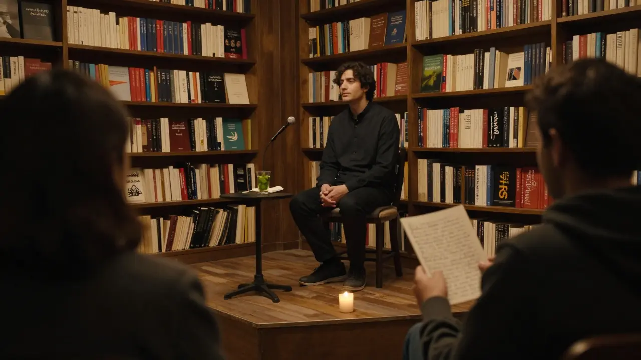 A quiet midnight bookstore with a poet on stage and a visitor holding a handwritten poem.