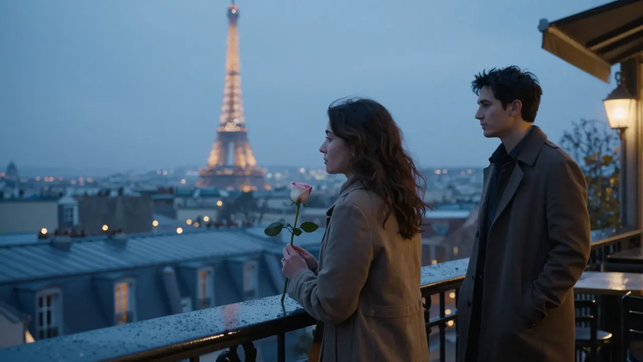 A quiet terrace view of the sparkling Eiffel Tower as rain falls over Montmartre.