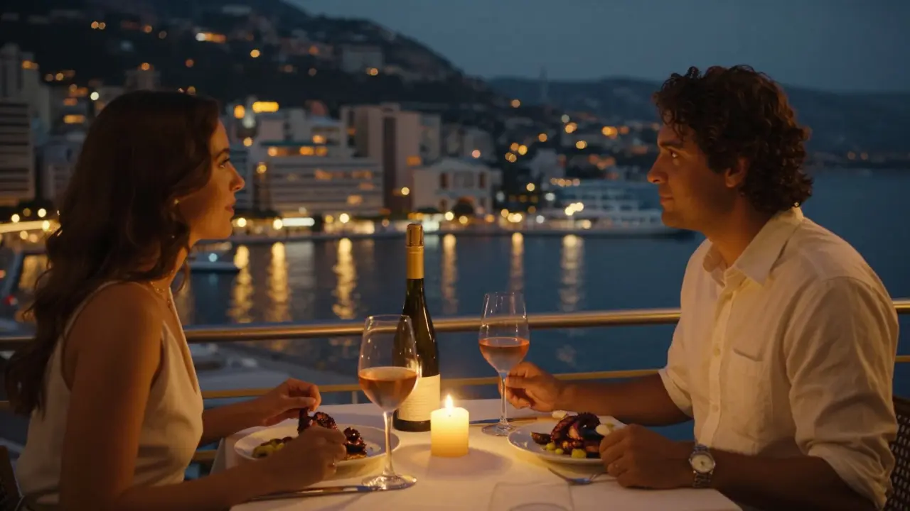 A romantic dinner on a terrace at Le Vistamar with harbor lights reflecting on water.