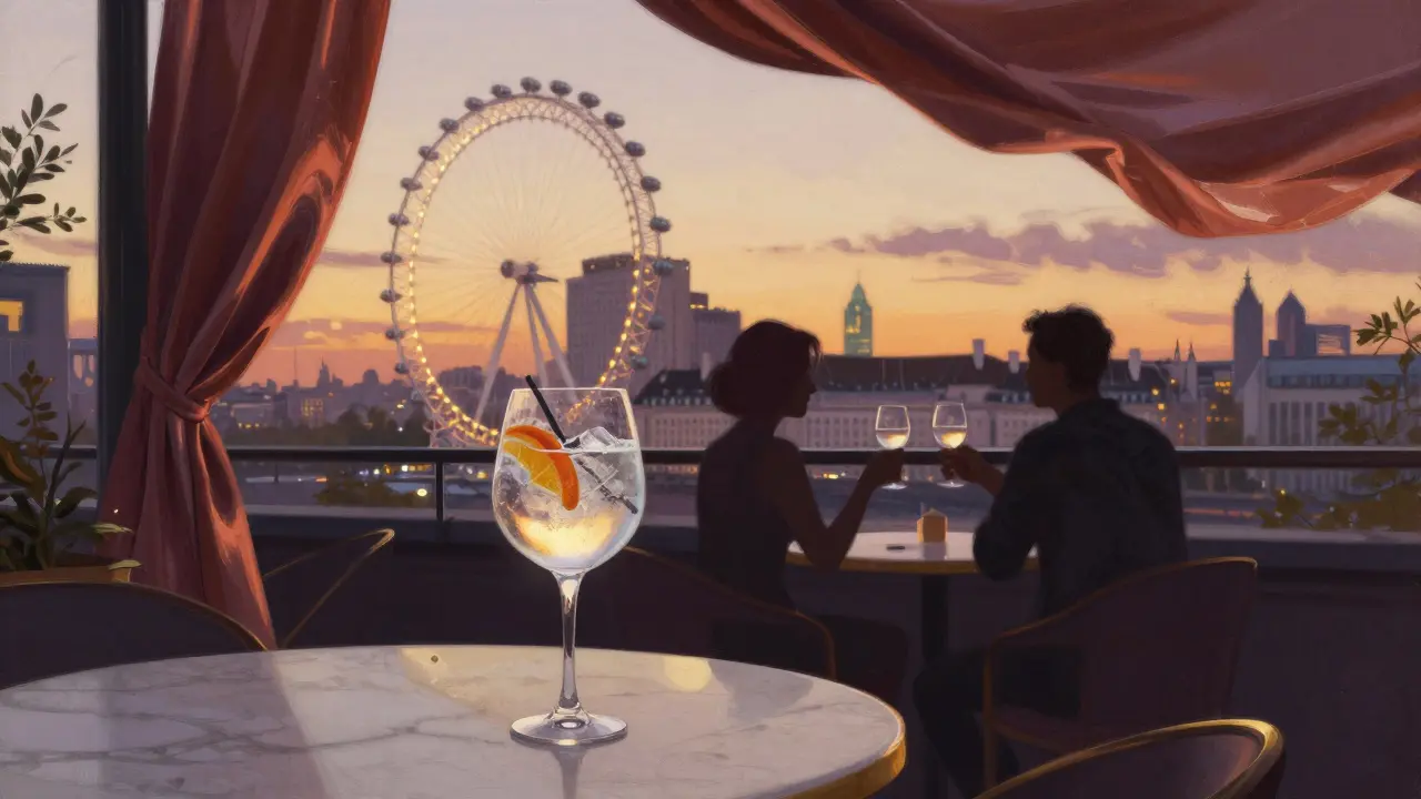 A rooftop terrace in Soho with a gin tonic and the London Eye glowing in the background at dusk.